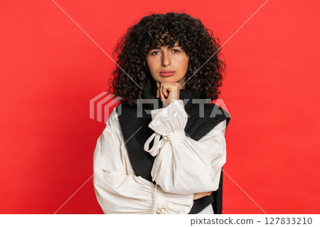 Young woman tired bored expression exhausted of tedious story not interested in communication talk Young woman tired bored expression exhausted of tedious story not interested in communication talk 127833210