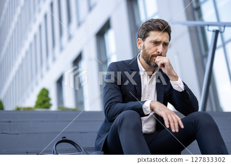 A pensive businessman in a suit sits outside, deep in thought. His expression suggests stress or worry in a corporate environment. A briefcase sits nearby. 127833302