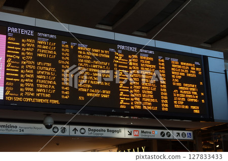 Departure and arrival Information board at Roma Termini Station in Rome, Italy. May 11, 2025 Departure and arrival Information board at Roma Termini Station in Rome, Italy. May 11, 2025 127833433