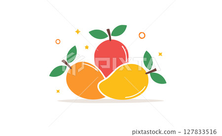 Minimal fresh harvest design golden mango cluster accented by emerald leaves soft highlights lively circles generous room for text advertising 127833516