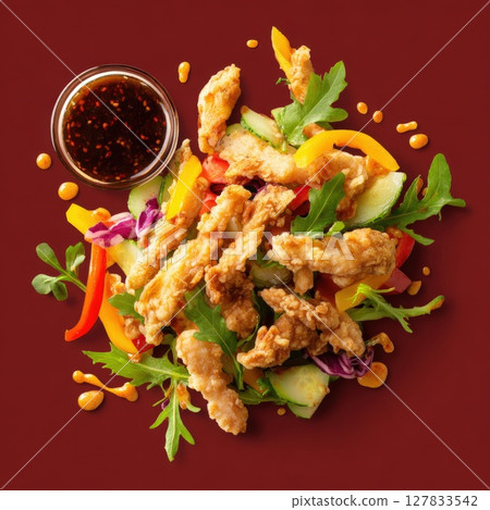 Crispy Fish Salad Sensation: A Vibrant Medley of Golden Fried Fish, Fresh Vegetables, and Tangy Dressing on a Rich Maroon Background 127833542