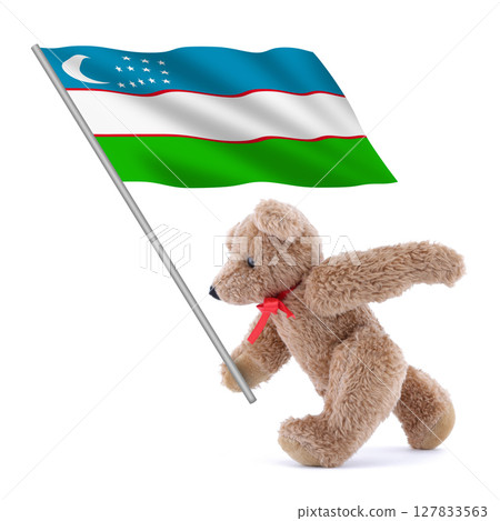 Uzbekistan flag being carried by a cute teddy bear Uzbekistan flag being carried by a cute teddy bear 127833563