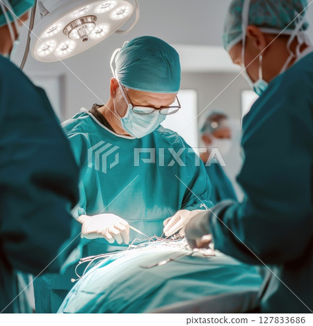 Dedicated Surgical Team Performing Complex Medical Procedure Focused Doctors Working Under Bright Lights in a Modern Operating Room 127833686
