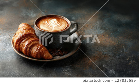 Perfect Morning Duo Rich Latte Art Coffee and a Golden, Flaky Croissant on a Rustic Dark Background, Ideal for Cafe Breakfast Themes 127833689