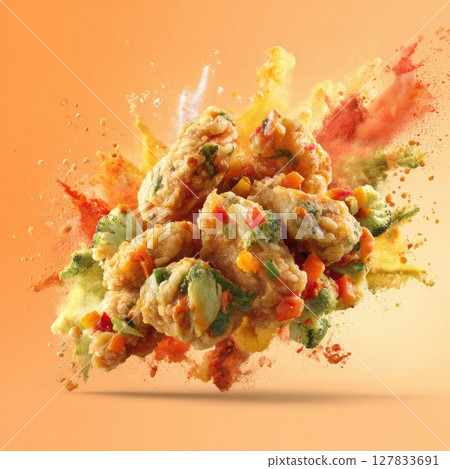 Explosion of Flavor Dynamic Crispy Chicken Bites with Vegetables and Spices, Captured Mid-Air on a Vibrant Orange Background 127833691