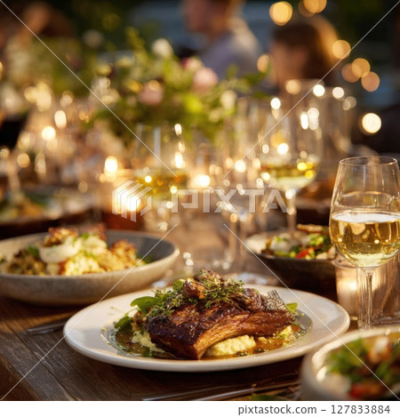 Elegant Evening Dinner Party A Festive Outdoor Gathering with Exquisite Dishes, Fine Wine, and Beautiful Candlelit Ambiance Elegant Evening Dinner Party A Festive Outdoor Gathering with Exquisite Dishes, Fine Wine, and Beautiful Candlelit Ambiance 127833884