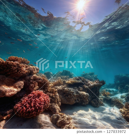 Vibrant Coral Reef Ecosystem Sunbeams Piercing Crystal bClear Ocean Waters, Showcasing Thriving Marine Life and Underwater Beauty 127833972