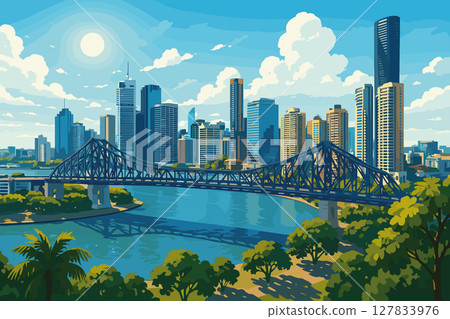 Midday Brisbane panorama with Story Bridge, riverfront towers and trees 127833976