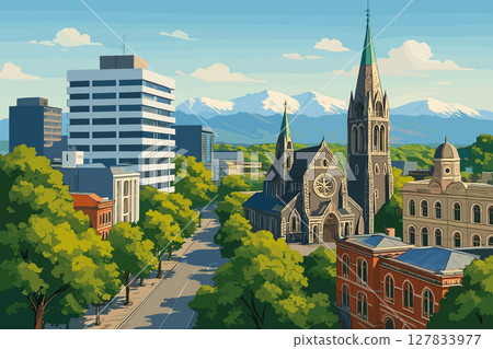 Soft midday Christchurch cityscape with heritage buildings and snowy hills 127833977