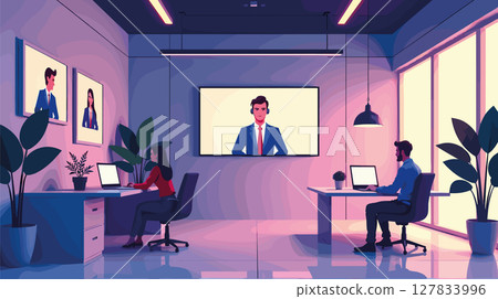 Modern office with video conference and remote collaboration Modern office with video conference and remote collaboration 127833996