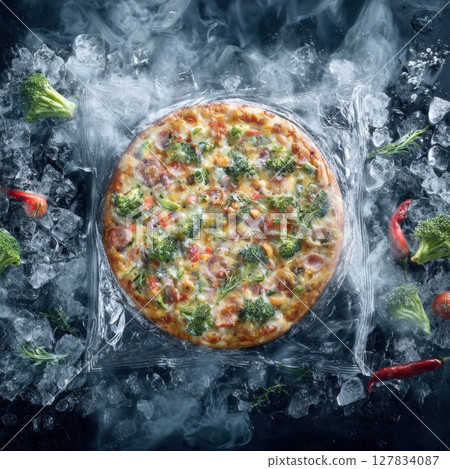 Premium Frozen Pizza with Fresh Vegetables & Meat Perfect Convenience Food for Quick, Delicious Meals at Home or Parties 127834087
