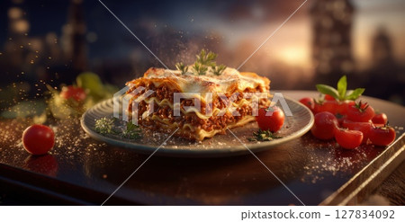 Exquisite Homemade Lasagna Serving Rich Layers of Bolognese, Creamy Bechamel, and Fresh Herbs, Perfect for Italian Gourmet Dining 127834092