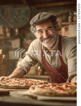 Warm Italian Welcome: Authentic Pizzaiolo Crafts Delicious Pies with a Smile 127834133