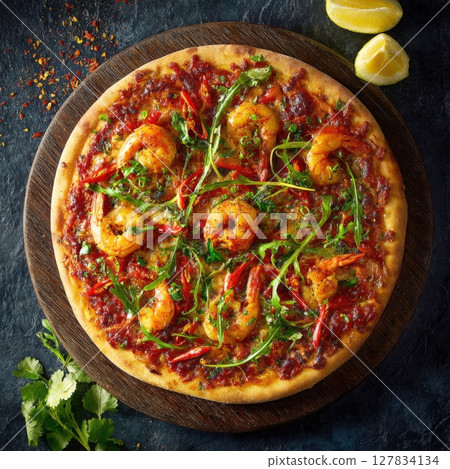 Gourmet Seafood Sensation Spicy Shrimp Pizza with Arugula and Fresh Lemon Zest A Culinary Masterpiece for Discerning Palates 127834134