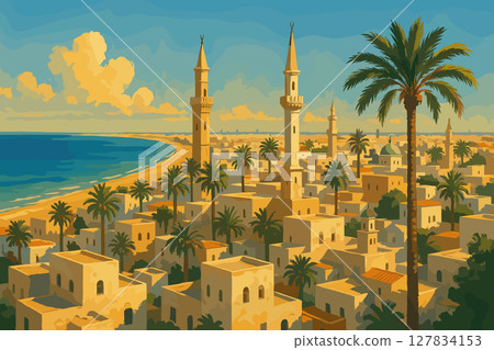 Warm Tripoli cityscape with Mediterranean coast and minarets 127834153