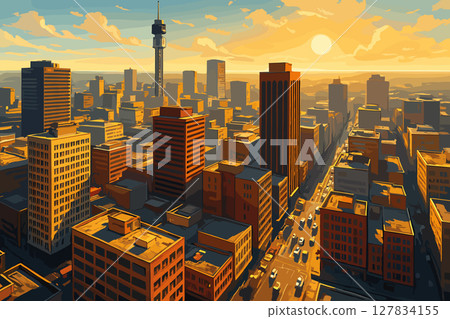 Dynamic Johannesburg cityscape with high rises and golden sunlight 127834155
