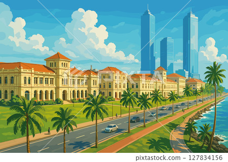 Tropical Colombo panorama with colonial facades and ocean breeze 127834156