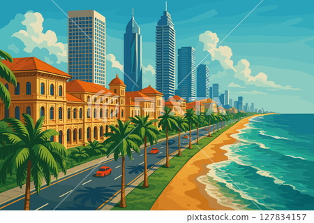 Tropical Colombo panorama with colonial facades and ocean breeze 127834157