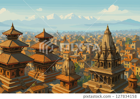 Panoramic Kathmandu daylight scene with temples and Himalayan haze 127834158