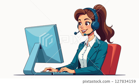 Friendly call center agent assisting customers with a headset Friendly call center agent assisting customers with a headset 127834159