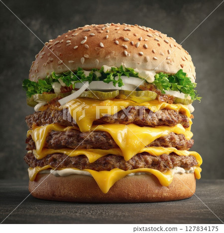 Epic Triple Cheeseburger Extravaganza Layers of Juicy Patties, Melty Cheese, Fresh Toppings, and Toasted Sesame Bun Ultimate Indulgence 127834175