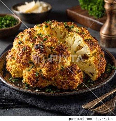 Golden Roasted Cauliflower Delight A Wholesome and Flavorful Vegetarian Dish, Perfectly Spiced and Garnished with Fresh Herbs for a Healthy Meal 127834180