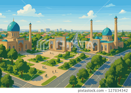 Tashkent Cityscape with Public Squares and Domed Mosques 127834342
