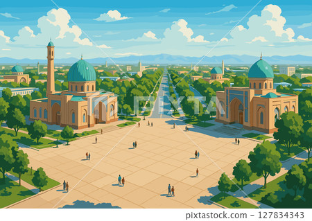 Tashkent Cityscape with Public Squares and Domed Mosques 127834343