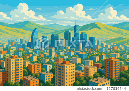 Ulaanbaatar Skyline with Glass Towers and Steppe Hills Ulaanbaatar Skyline with Glass Towers and Steppe Hills 127834344