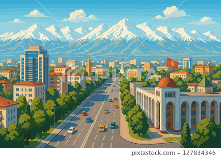 Bishkek Cityscape with Snowy Mountains and Broad Streets 127834346