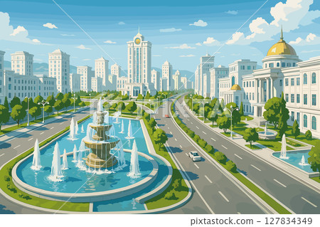 Ashgabat View with White Marble Buildings and Fountains 127834349