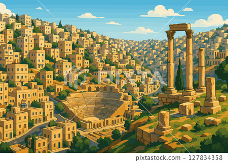 Amman View with Limestone Homes and Roman Ruins Amman View with Limestone Homes and Roman Ruins 127834358