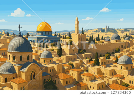 Jerusalem Midday View with Domes and Historic Sites Jerusalem Midday View with Domes and Historic Sites 127834360
