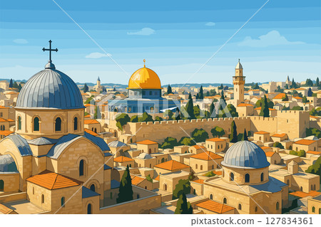 Jerusalem Midday View with Domes and Historic Sites 127834361