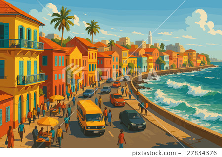 Dakar Coastal View with Waves and Colorful Streets 127834376