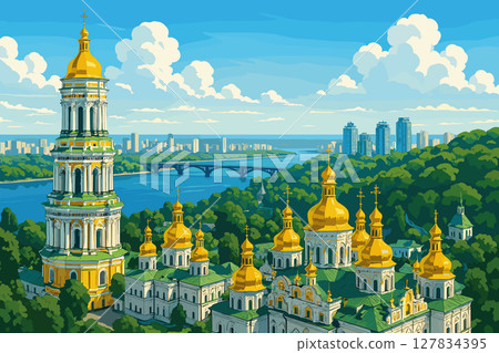 Daylight Kyiv panorama with Pechersk Lavra and Dnipro River 127834395