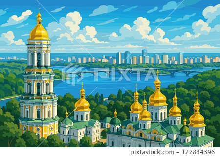 Daylight Kyiv panorama with Pechersk Lavra and Dnipro River 127834396