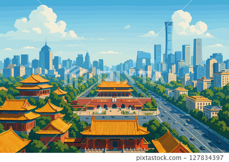 Bright Beijing skyline with Forbidden City and Tiananmen Square 127834397