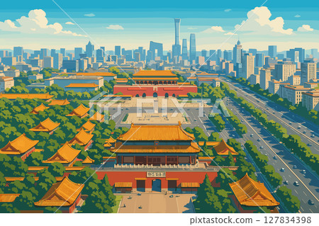 Bright Beijing skyline with Forbidden City and Tiananmen Square 127834398