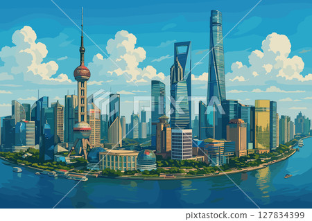Shanghai skyline with Oriental Pearl and Huangpu River at day 127834399