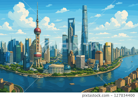 Shanghai skyline with Oriental Pearl and Huangpu River at day 127834400