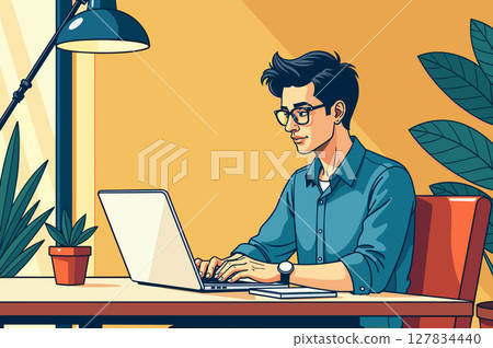 Freelancer working remotely in a cozy cafe setting Freelancer working remotely in a cozy cafe setting 127834440