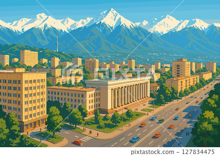 Almaty Cityscape with Soviet Architecture and Mountain Backdrop 127834475
