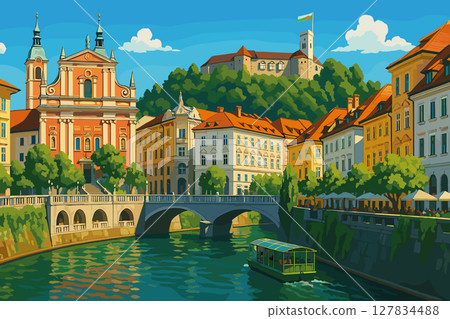 Ljubljana Scene with River, Baroque Buildings, and Hilltop Castle 127834488