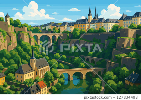 Scenic View of Luxembourg City with Gorges and Fortifications 127834498