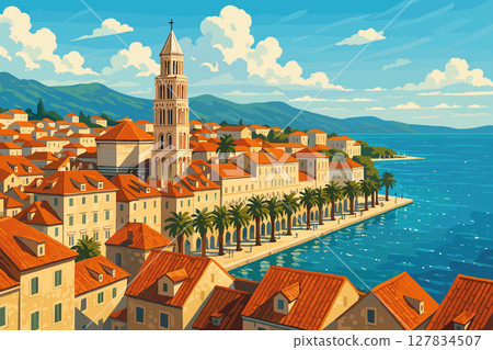 Split View with Diocletian's Palace and Coastal Landscape Split View with Diocletian's Palace and Coastal Landscape 127834507