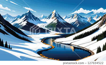 Scenic winter landscape with snowy mountains and winding river Scenic winter landscape with snowy mountains and winding river 127834522