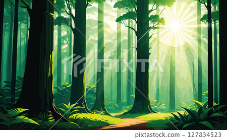 Sunlight filtering through lush green forest trees 127834523