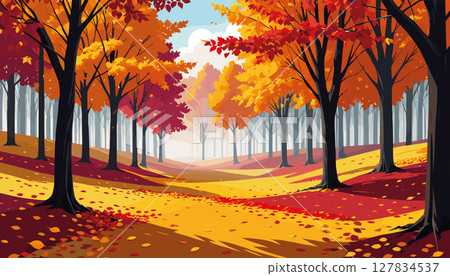 Autumn forest path covered in colorful fallen leaves 127834537