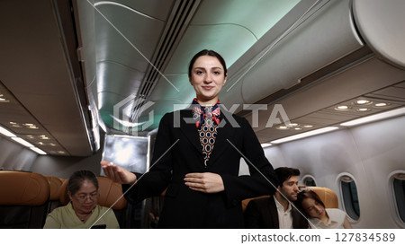 Smiling flight attendant in uniform welcomes and guides passengers aboard a modern airplane. 127834589